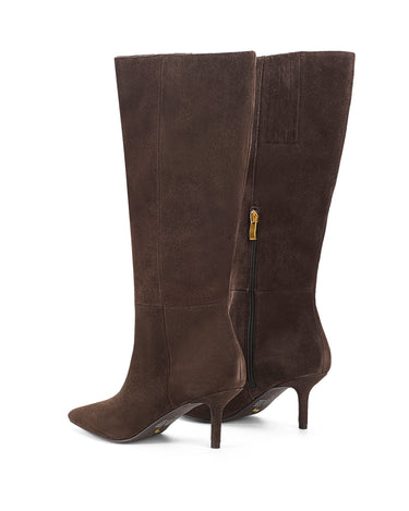 Women's chocolate brown leather suede knee high boot with kitten heel and pointed toe 