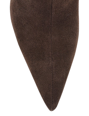 Women's chocolate brown leather suede knee high boot with kitten heel and pointed toe 
