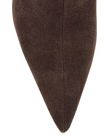 Women's chocolate brown leather suede knee high boot with kitten heel and pointed toe 
