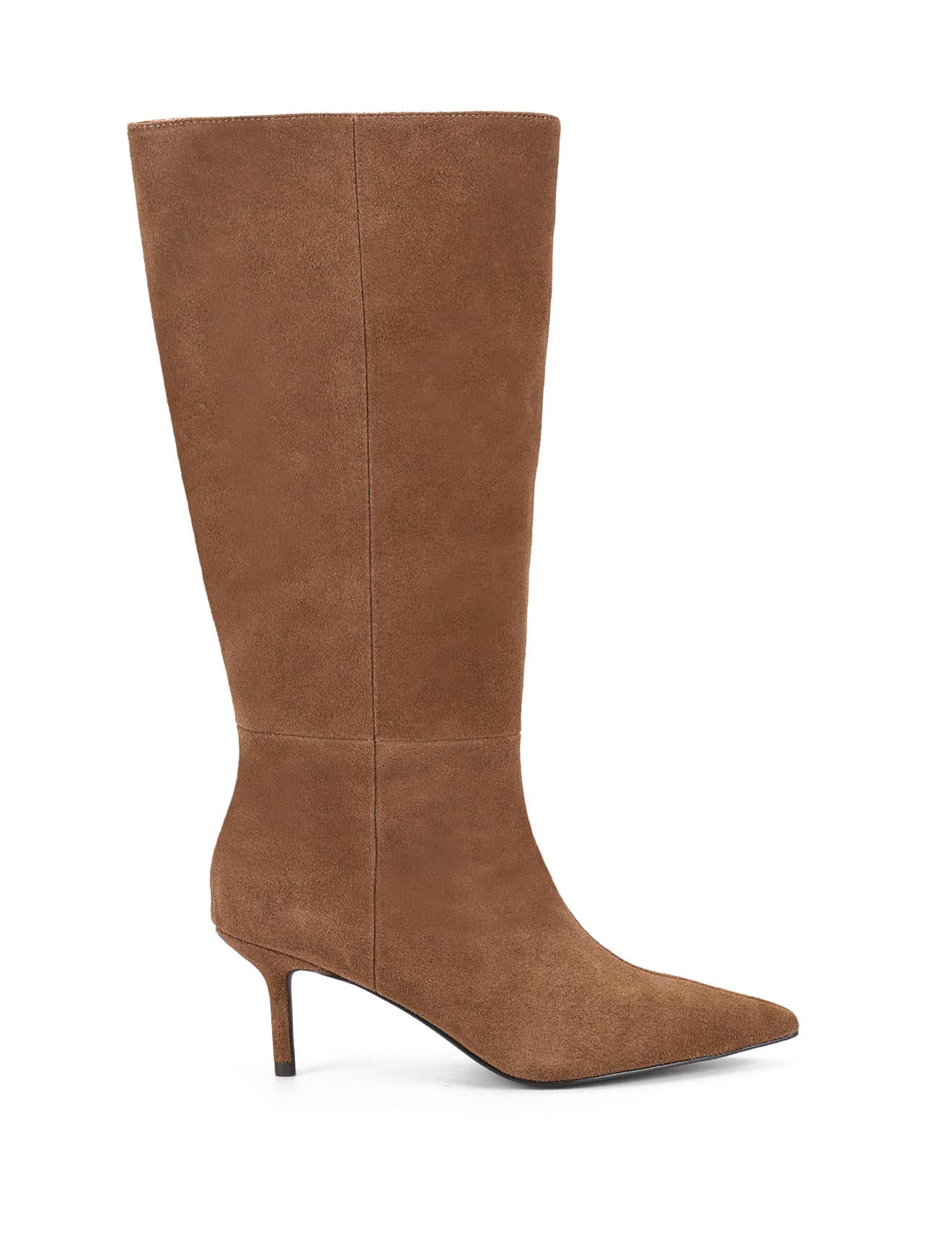 Women's tan brown leather suede knee high boot with kitten heel and pointed toe 