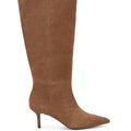 Women's tan brown leather suede knee high boot with kitten heel and pointed toe 