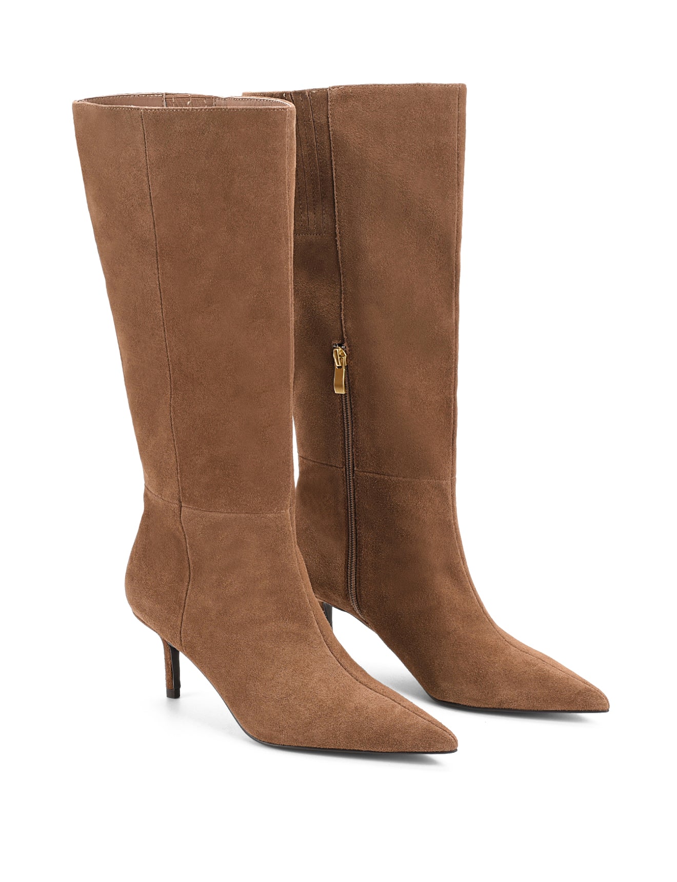 Women's tan brown leather suede knee high boot with kitten heel and pointed toe 