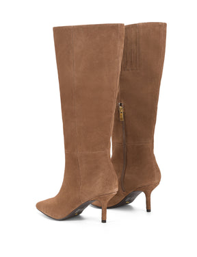 Women's tan brown leather suede knee high boot with kitten heel and pointed toe 