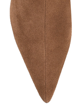 Women's tan brown leather suede knee high boot with kitten heel and pointed toe 