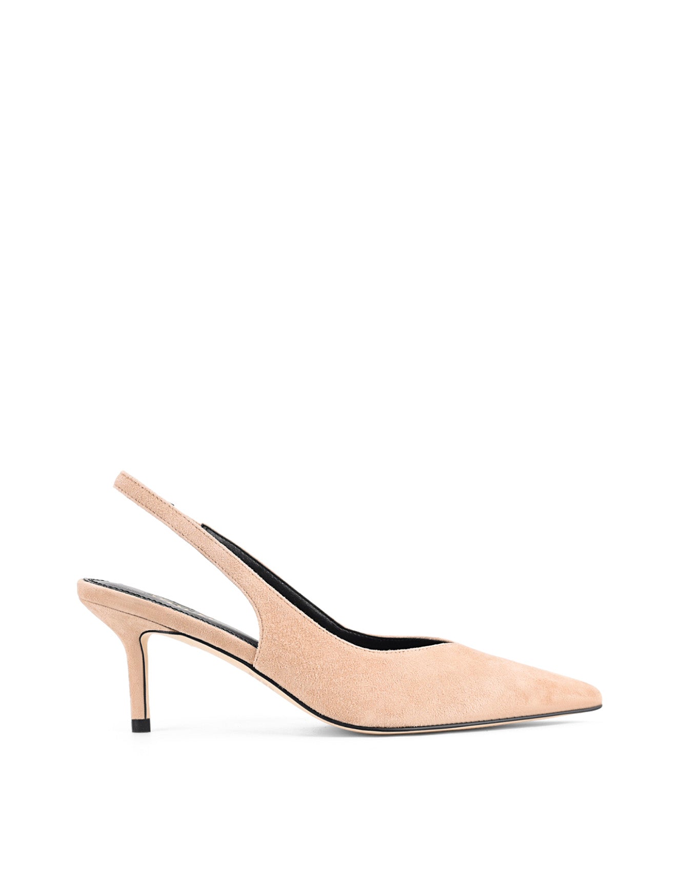 Women's slingback kitten heel in almond tan suede leather with pointed toe and v shaped throat and elastic fastening