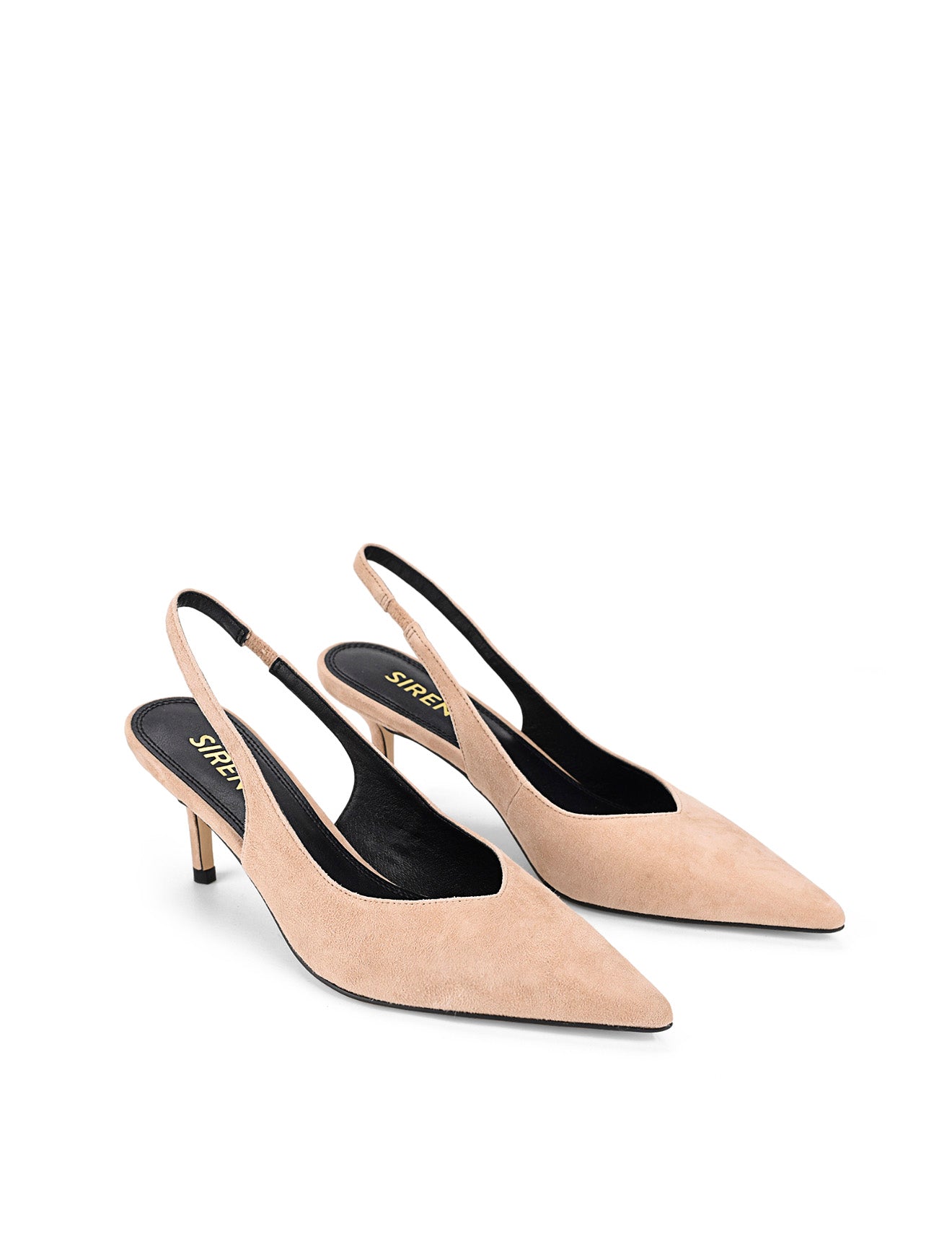 Women's slingback kitten heel in almond tan suede leather with pointed toe and v shaped throat and elastic fastening