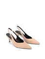 Women's slingback kitten heel in almond tan suede leather with pointed toe and v shaped throat and elastic fastening