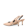 Women's slingback kitten heel in almond tan suede leather with pointed toe and v shaped throat and elastic fastening