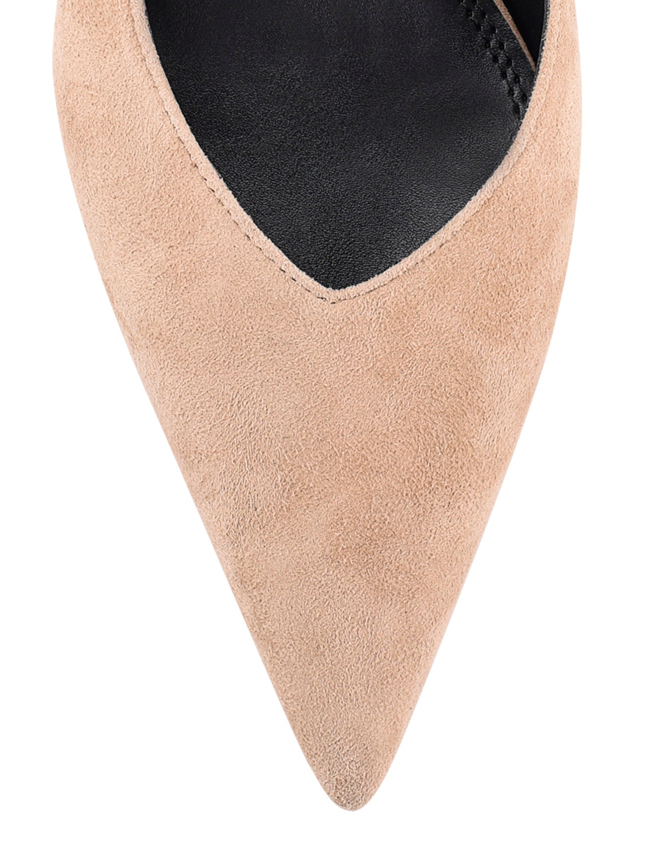 Women's slingback kitten heel in almond tan suede leather with pointed toe and v shaped throat and elastic fastening
