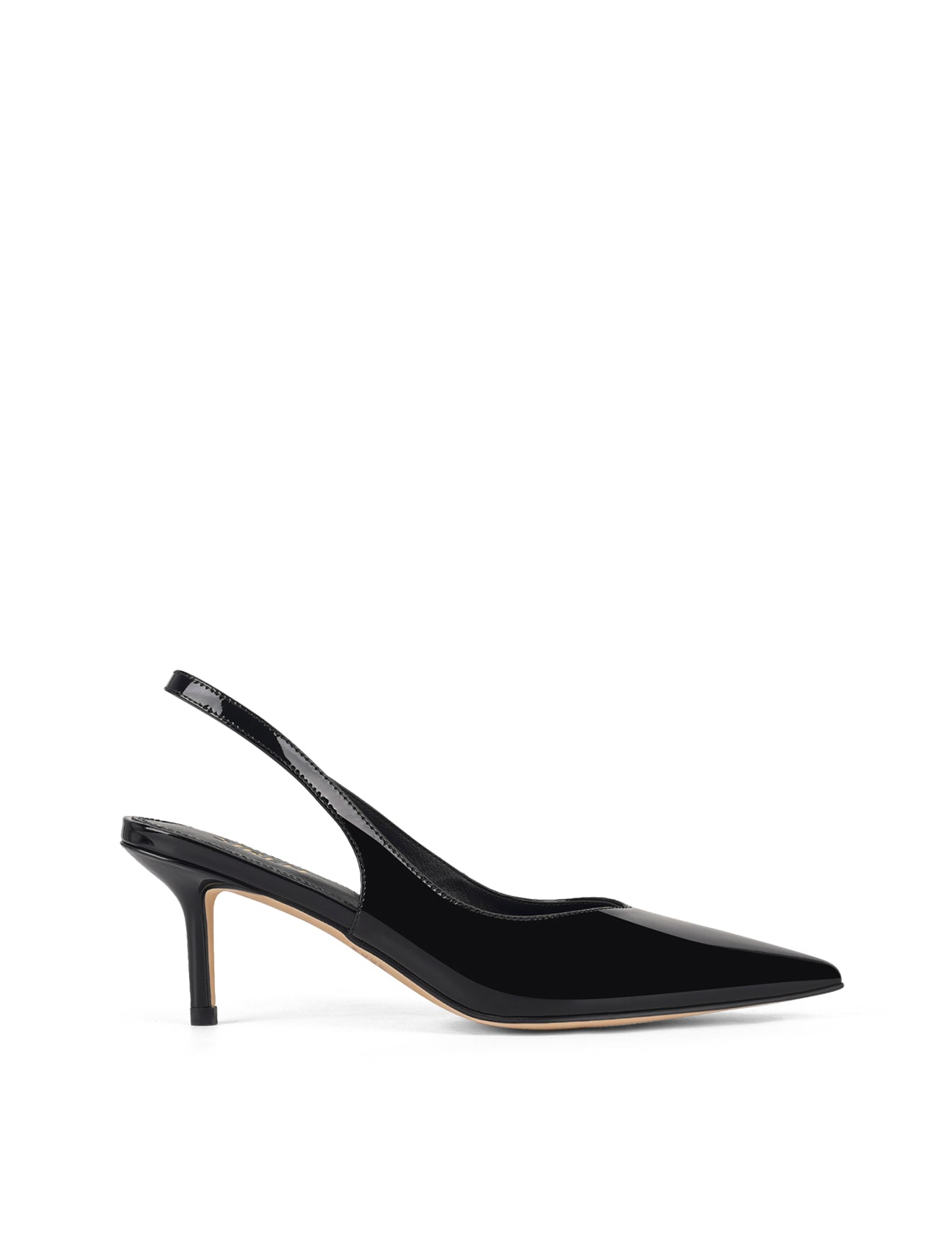 Women's black patent leather stiletto kitten heel slingback pump with elasticated closure, pointed toe and v-cut throat