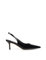 Women's black patent leather stiletto kitten heel slingback pump with elasticated closure, pointed toe and v-cut throat