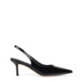 Women's black patent leather stiletto kitten heel slingback pump with elasticated closure, pointed toe and v-cut throat