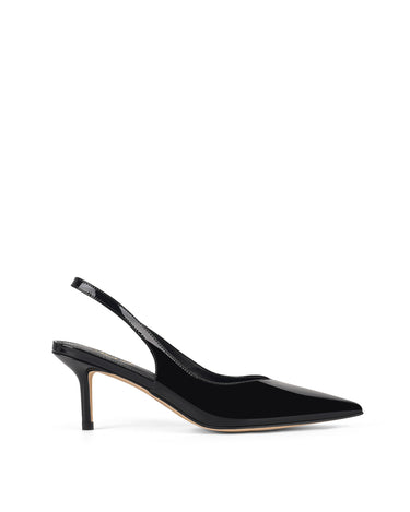 Women's black patent leather stiletto kitten heel slingback pump with elasticated closure, pointed toe and v-cut throat