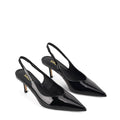 Women's black patent leather stiletto kitten heel slingback pump with elasticated closure, pointed toe and v-cut throat