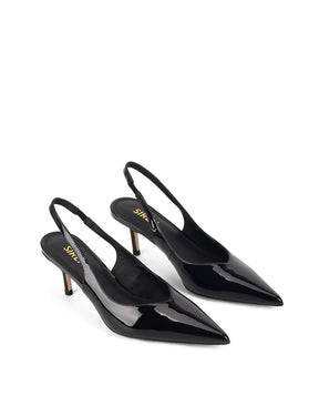 Women's black patent leather stiletto kitten heel slingback pump with elasticated closure, pointed toe and v-cut throat