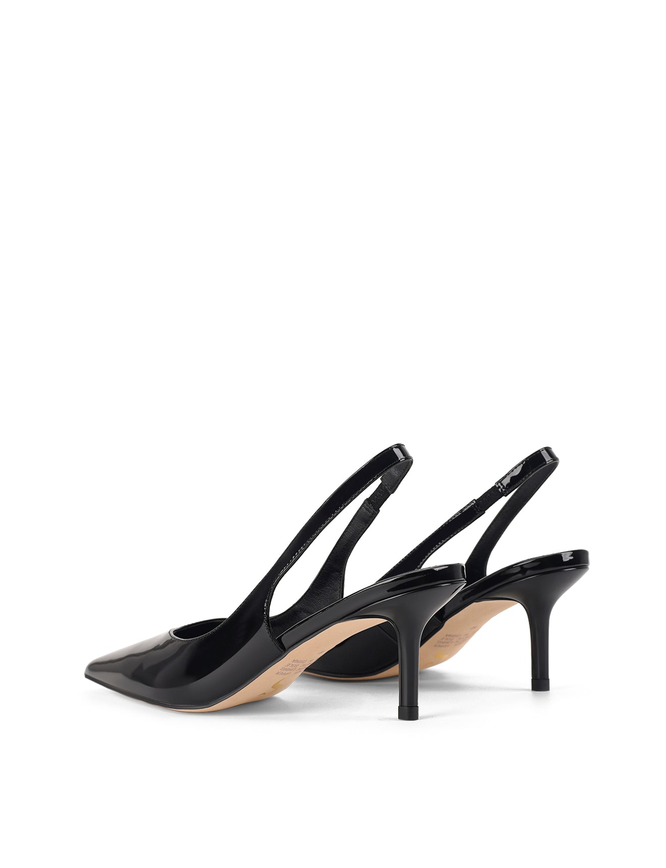 Women's black patent leather stiletto kitten heel slingback pump with elasticated closure, pointed toe and v-cut throat