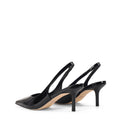 Women's black patent leather stiletto kitten heel slingback pump with elasticated closure, pointed toe and v-cut throat