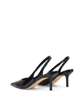 Women's black patent leather stiletto kitten heel slingback pump with elasticated closure, pointed toe and v-cut throat
