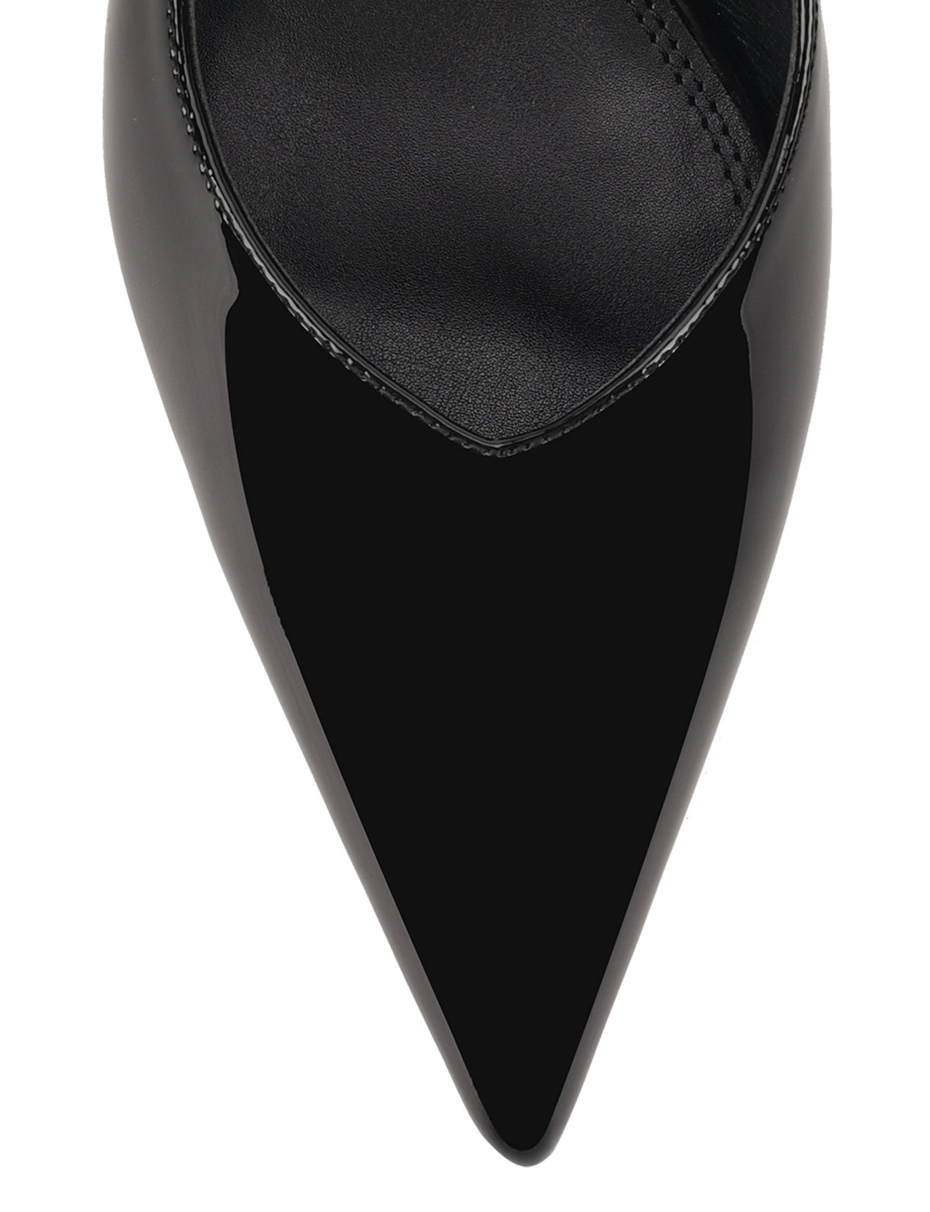 Women's black patent leather stiletto kitten heel slingback pump with elasticated closure, pointed toe and v-cut throat