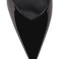 Women's black patent leather stiletto kitten heel slingback pump with elasticated closure, pointed toe and v-cut throat