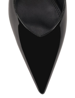 Women's black patent leather stiletto kitten heel slingback pump with elasticated closure, pointed toe and v-cut throat