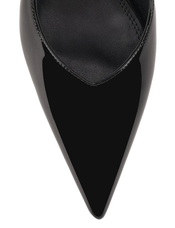 Women's black patent leather stiletto kitten heel slingback pump with elasticated closure, pointed toe and v-cut throat