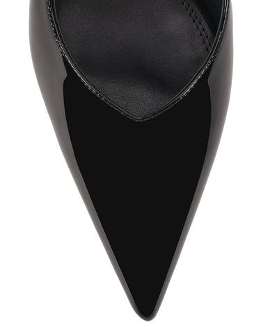 Women's black patent leather stiletto kitten heel slingback pump with elasticated closure, pointed toe and v-cut throat