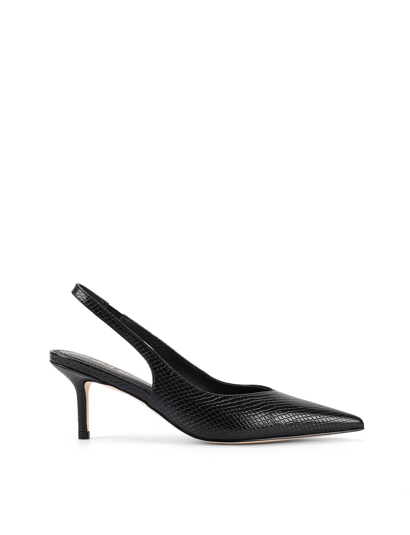 Women's slingback kitten heel in black embossed croc leather with pointed toe and v shaped throat and elastic fastening