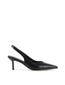 Women's slingback kitten heel in black embossed croc leather with pointed toe and v shaped throat and elastic fastening