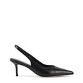 Women's slingback kitten heel in black embossed croc leather with pointed toe and v shaped throat and elastic fastening