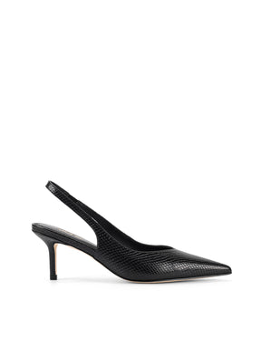 Women's slingback kitten heel in black embossed croc leather with pointed toe and v shaped throat and elastic fastening