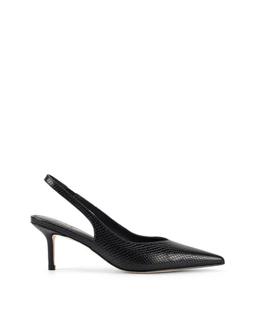 Women's slingback kitten heel in black embossed croc leather with pointed toe and v shaped throat and elastic fastening