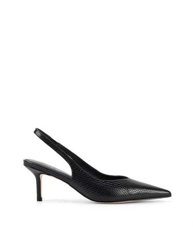 Women's slingback kitten heel in black embossed croc leather with pointed toe and v shaped throat and elastic fastening