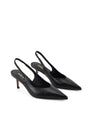 Women's slingback kitten heel in black embossed croc leather with pointed toe and v shaped throat and elastic fastening