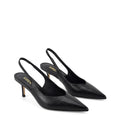 Women's slingback kitten heel in black embossed croc leather with pointed toe and v shaped throat and elastic fastening