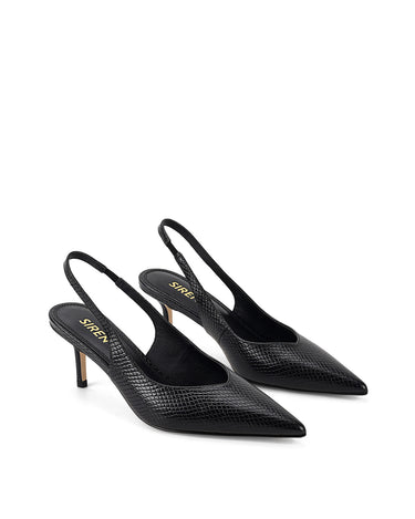 Women's slingback kitten heel in black embossed croc leather with pointed toe and v shaped throat and elastic fastening