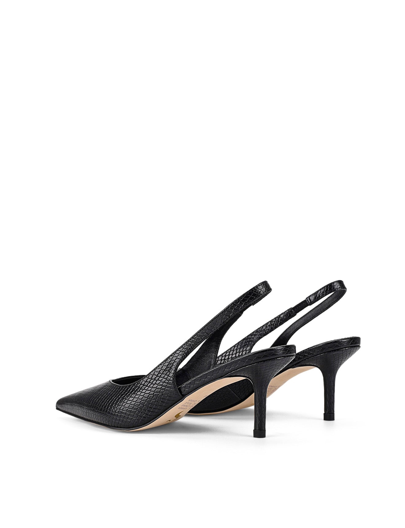 Women's slingback kitten heel in black embossed croc leather with pointed toe and v shaped throat and elastic fastening