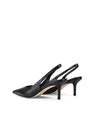 Women's slingback kitten heel in black embossed croc leather with pointed toe and v shaped throat and elastic fastening