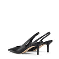 Women's slingback kitten heel in black embossed croc leather with pointed toe and v shaped throat and elastic fastening