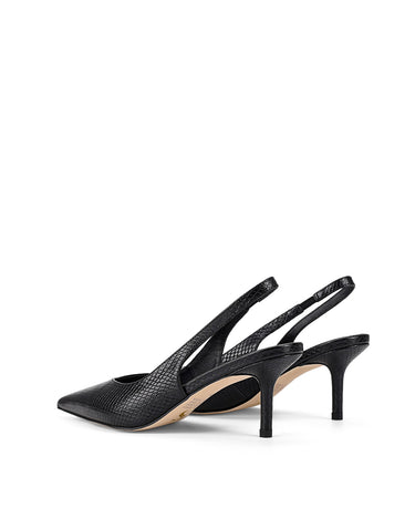 Women's slingback kitten heel in black embossed croc leather with pointed toe and v shaped throat and elastic fastening