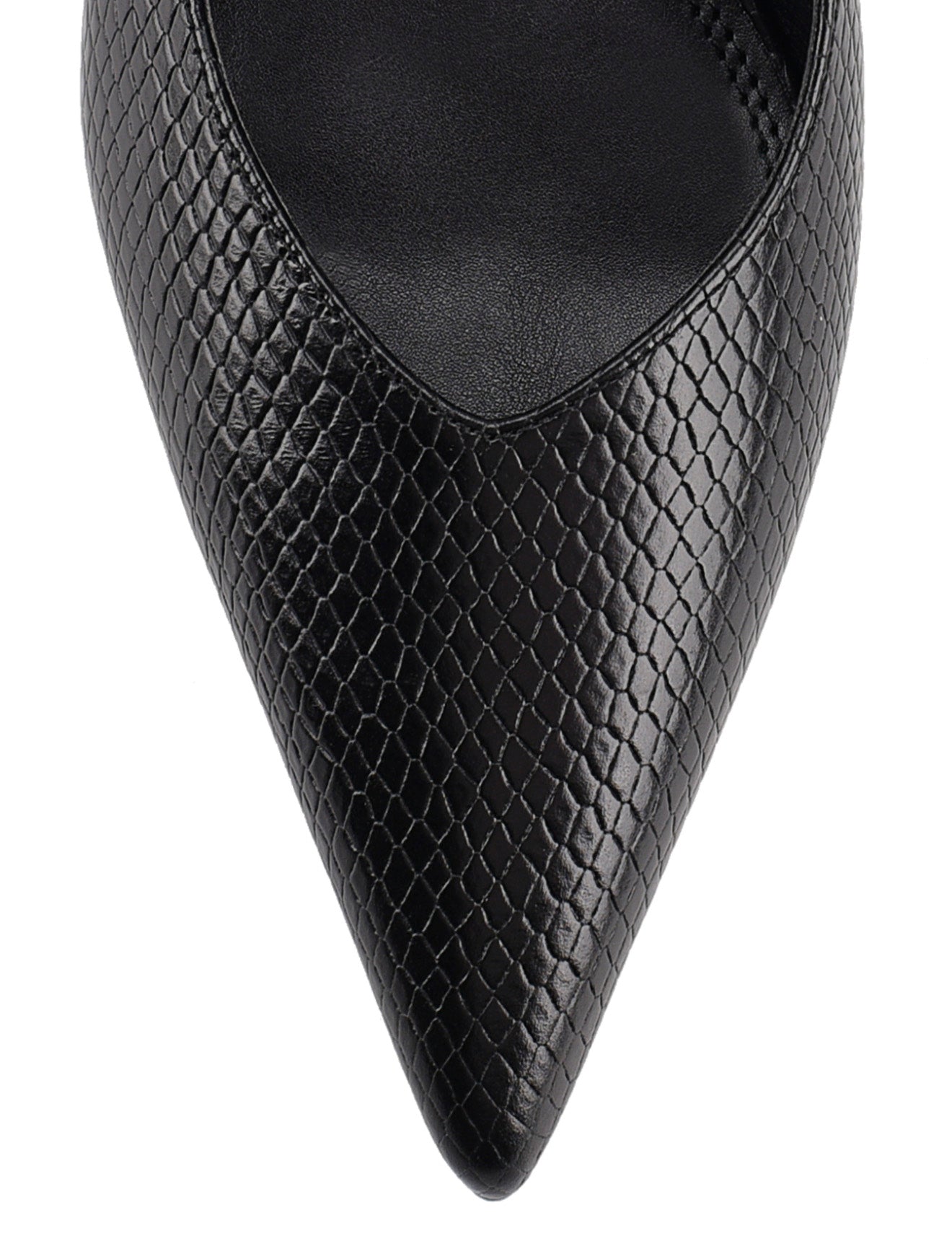 Women's slingback kitten heel in black embossed croc leather with pointed toe and v shaped throat and elastic fastening