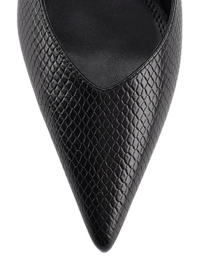 Women's slingback kitten heel in black embossed croc leather with pointed toe and v shaped throat and elastic fastening