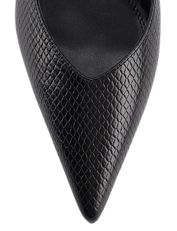 Women's slingback kitten heel in black embossed croc leather with pointed toe and v shaped throat and elastic fastening