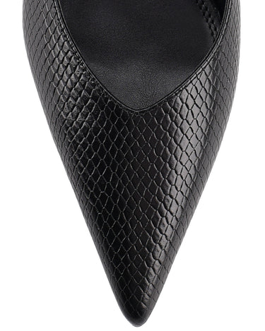 Women's slingback kitten heel in black embossed croc leather with pointed toe and v shaped throat and elastic fastening
