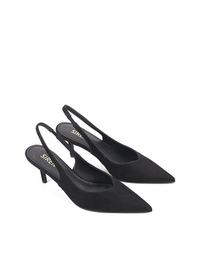 Women's black suede leather stiletto kitten heel slingback pump with elasticated closure, pointed toe and v-cut vamp 