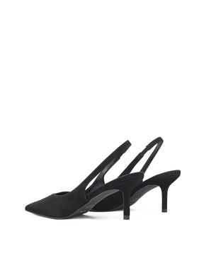 Women's black suede leather stiletto kitten heel slingback pump with elasticated closure, pointed toe and v-cut vamp 