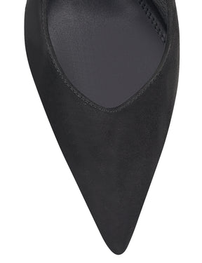 Women's black suede leather stiletto kitten heel slingback pump with elasticated closure, pointed toe and v-cut vamp 