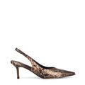 Women's brown snake leather slingback kitten heel with elasticated fastening and v cut throat