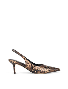 Women's brown snake leather slingback kitten heel with elasticated fastening and v cut throat