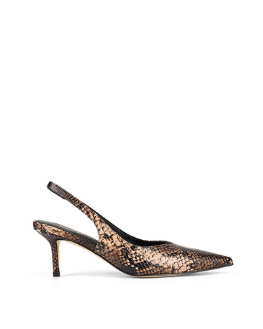 Women's brown snake leather slingback kitten heel with elasticated fastening and v cut throat